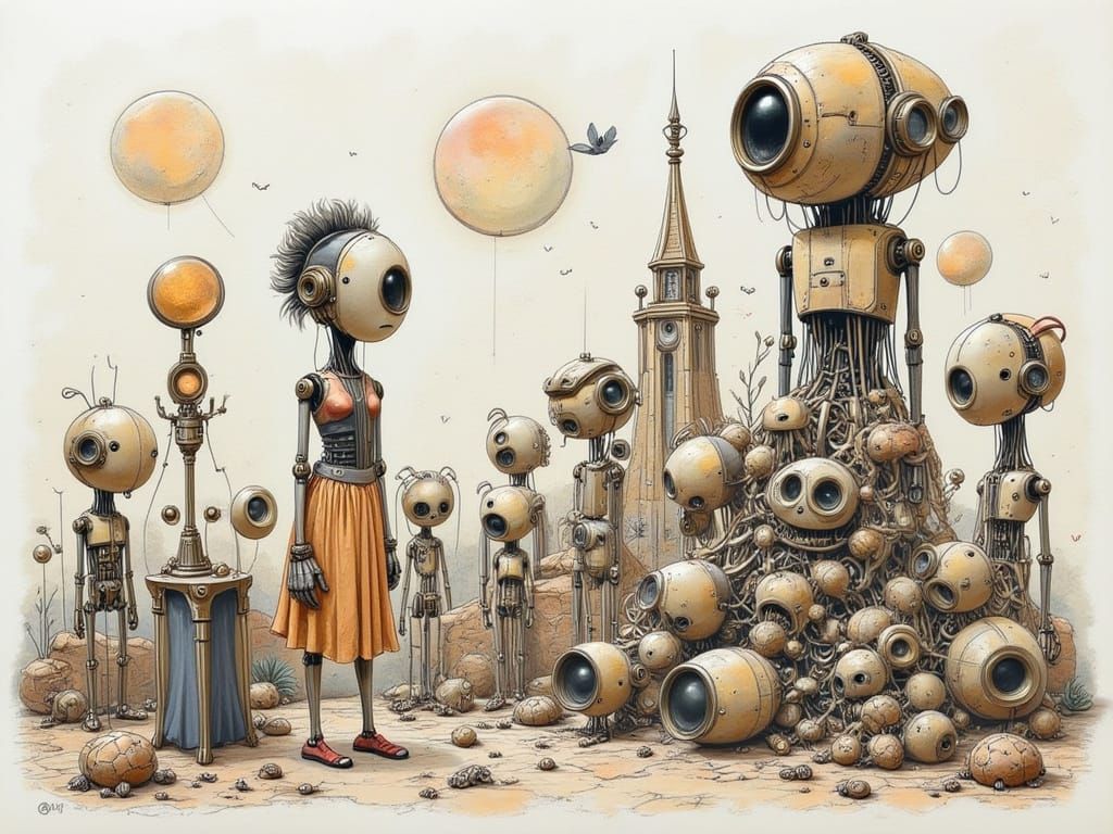 Dreamlike Robot Girl in Steampunk Landscape