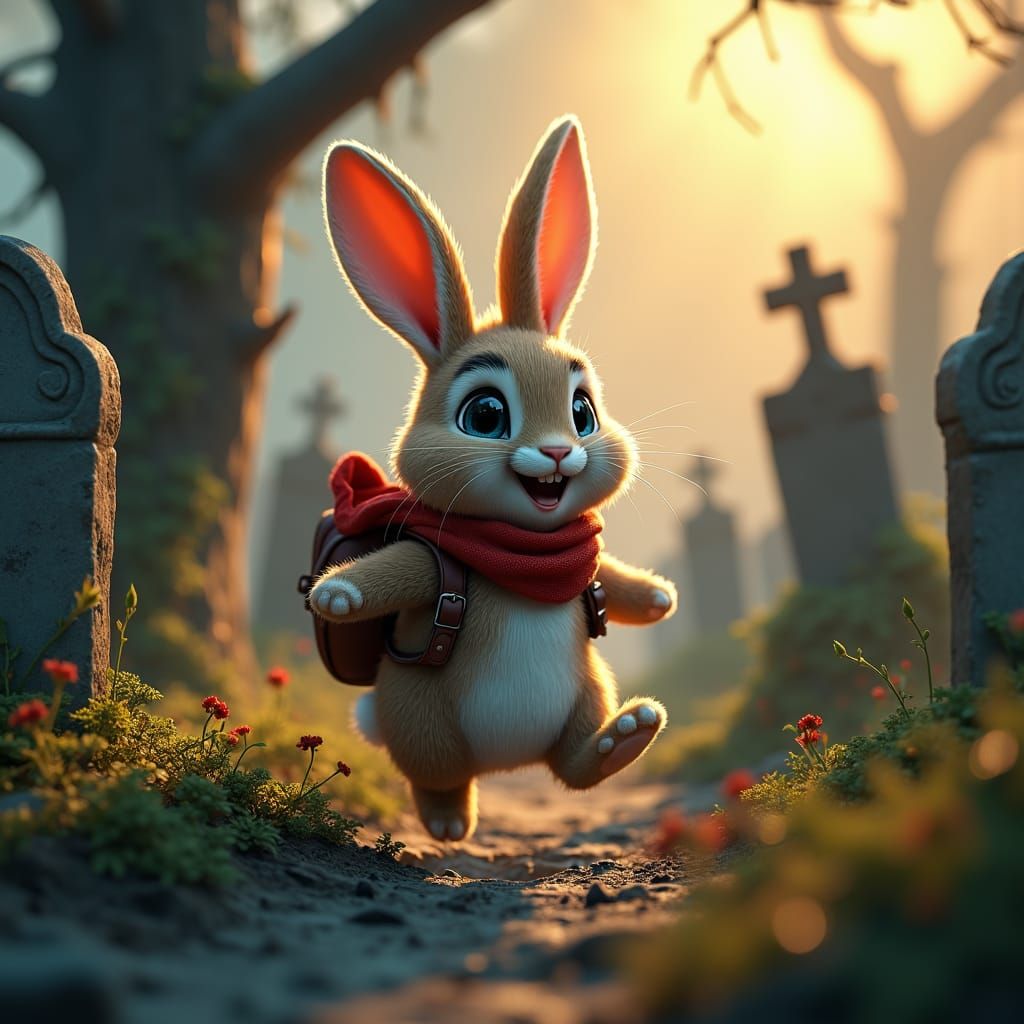 Hyperrealistic Bunny in Graveyard with Crimson Scarf