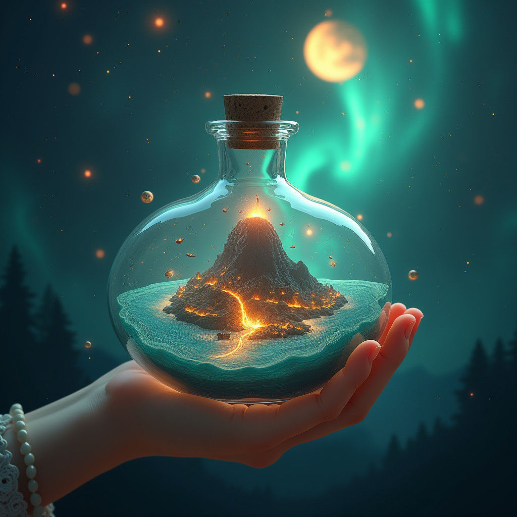 Miniature World in a Bottle with Glowing Metropolis