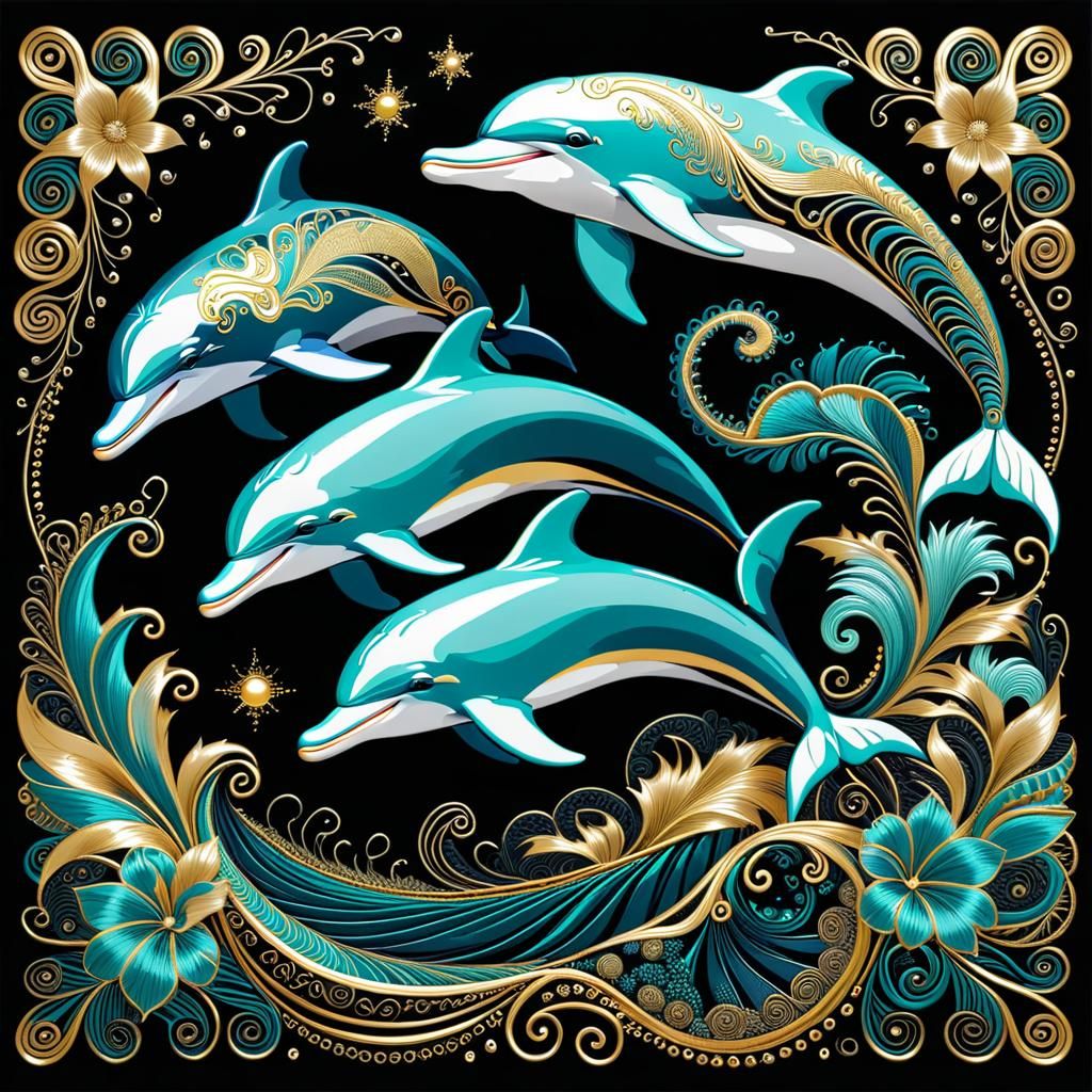 Dolphins with golden outlines