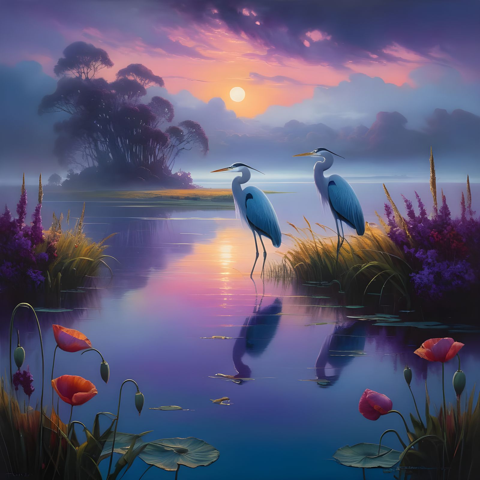 Surreal Poppy Marshlands in Soft, Warm Light