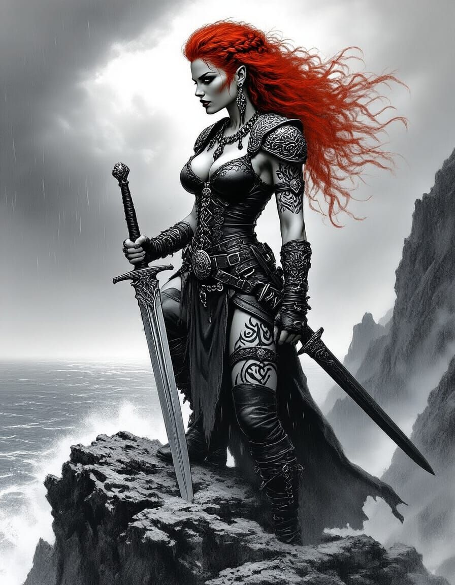 Celtic Warrior Woman in Stormy Seas, Pen and Ink Art