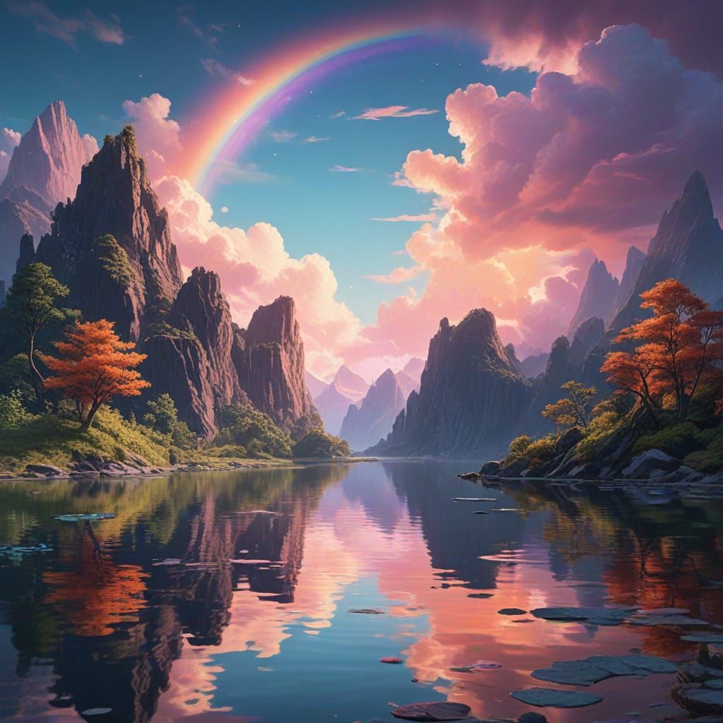 Fantastical Crescent Island with Rainbow and Waterfalls