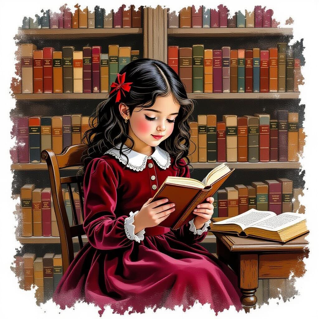 Girl Reads in 19th Century Library, Denkert Style