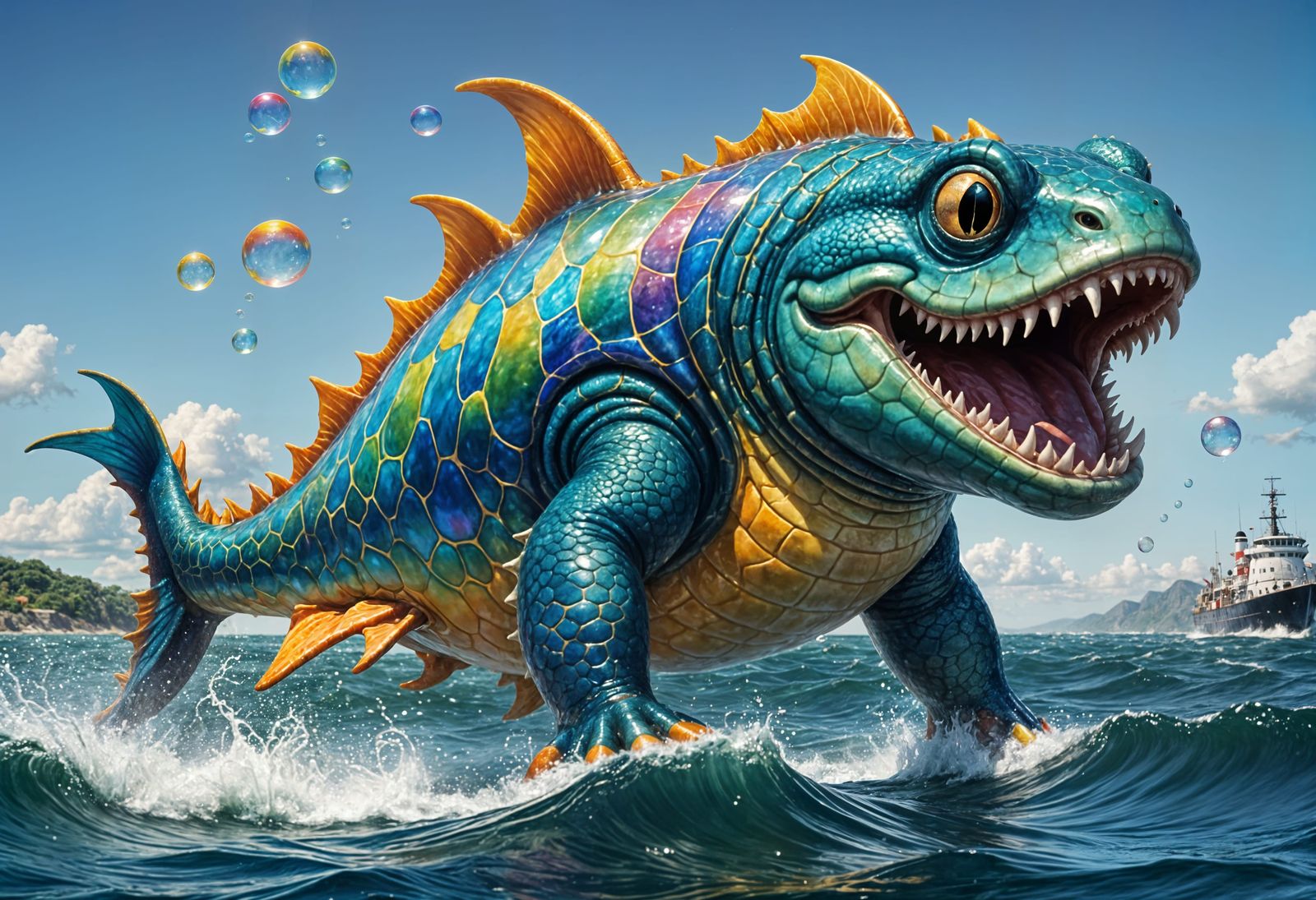 Joyful Chubby Sea Monster Playing with Ships
