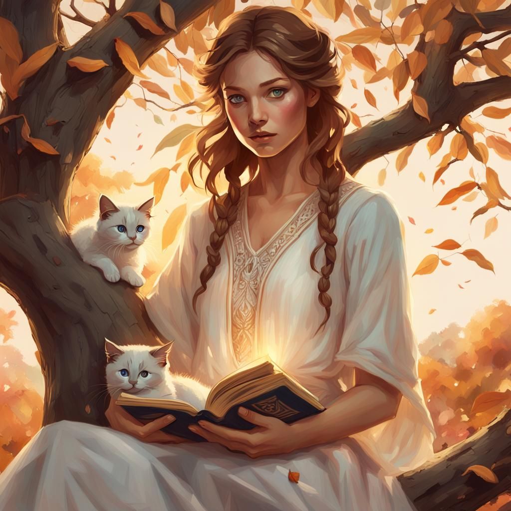 Girl in Willow Tree with Kitten, Digital Art