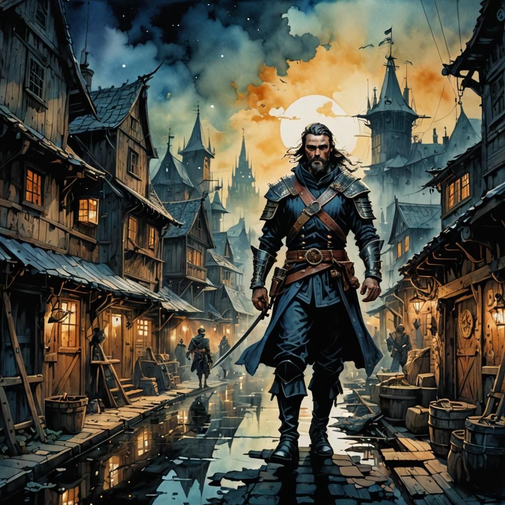 Medieval Sailor in Grimdark Watercolor Slums
