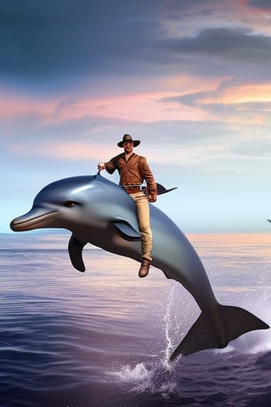Cowboy on Dolphin at Sunset: Dark Fantasy Art