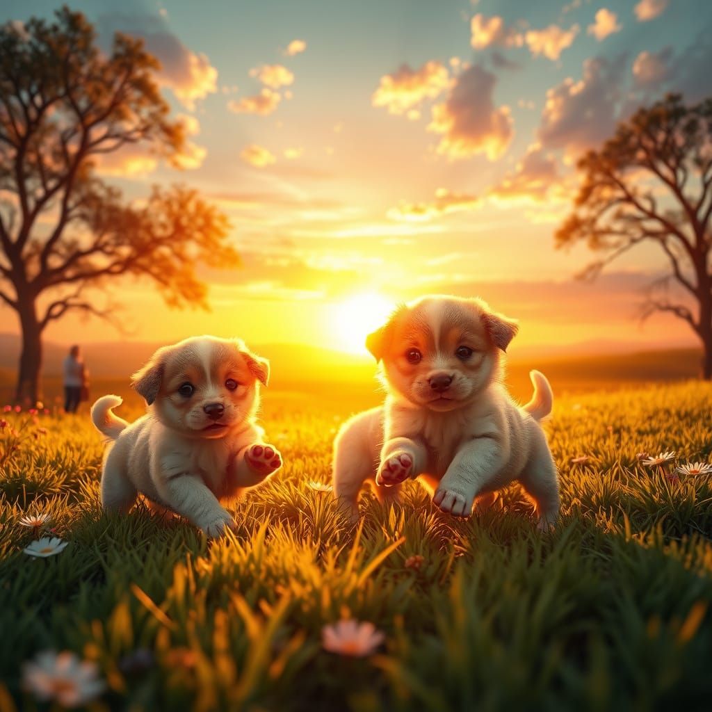 Playful Baby Puppies Bask in Vibrant Sunset Glory