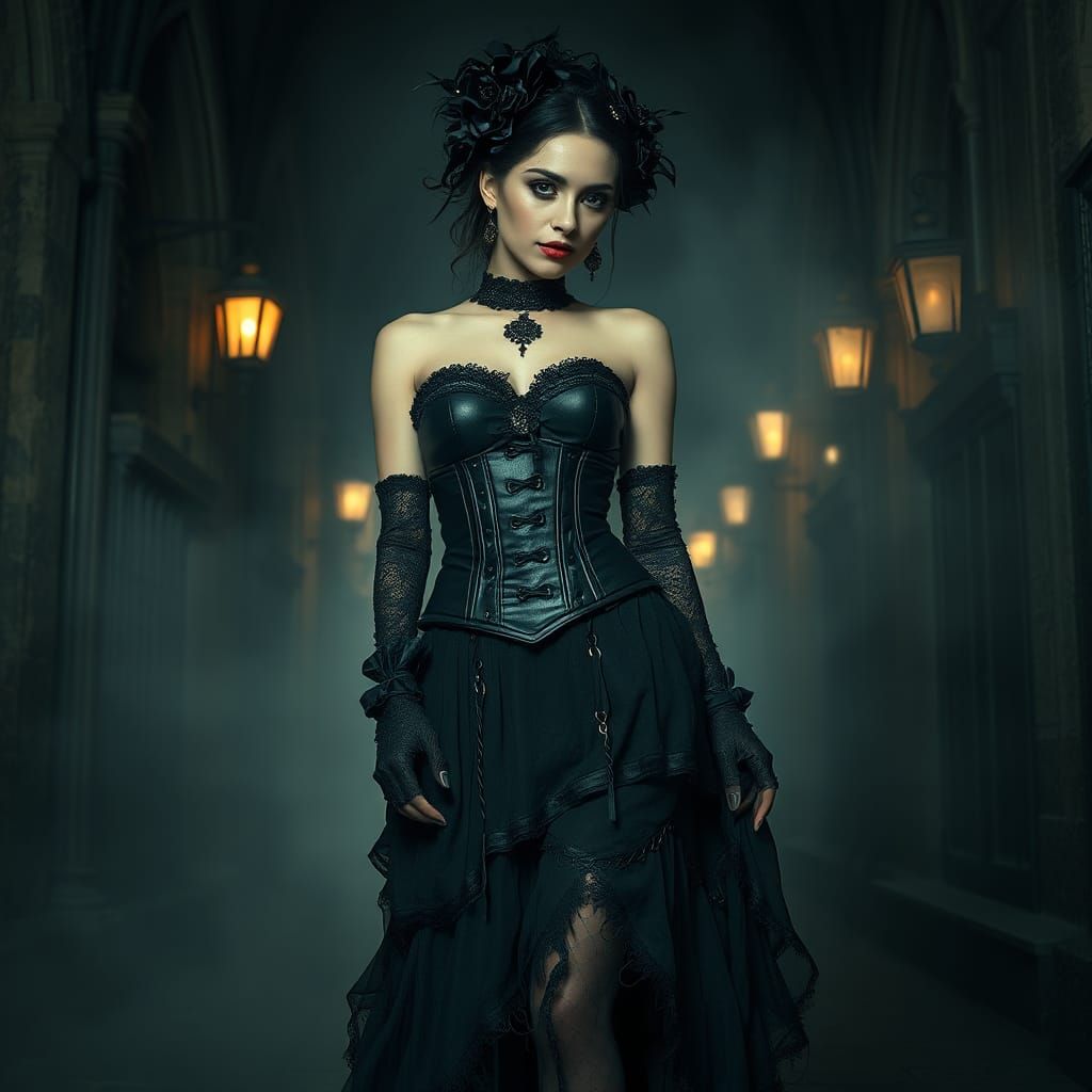 Gothicpunk Woman in Dark Surrealist Alleyway