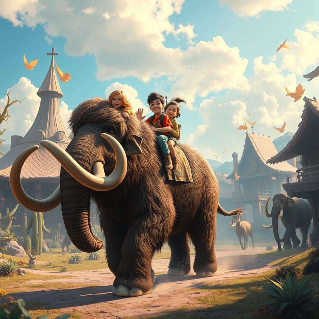 Majestic Woolly Mammoth Rides with Curious Kids in Whimsical...