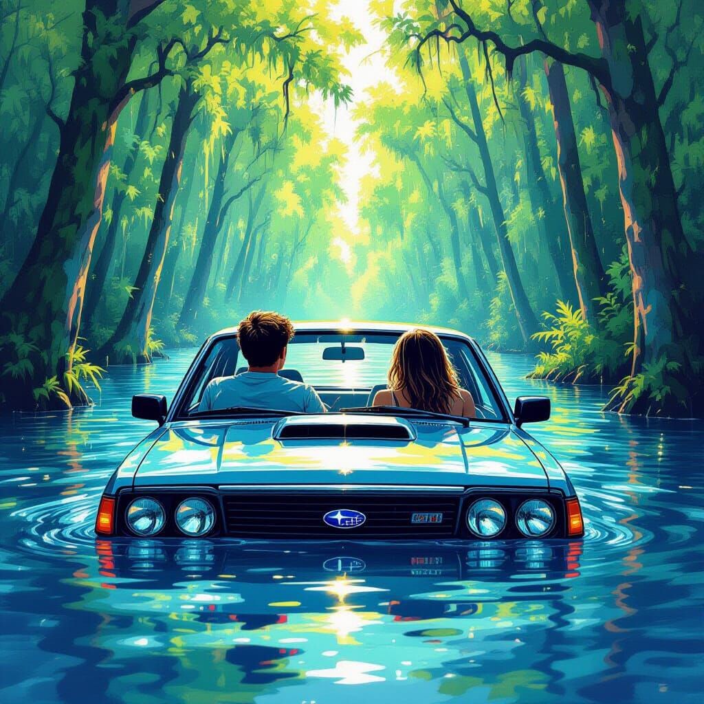 Strangers in a Flooded Subaru: Hyperrealistic Florida Scene