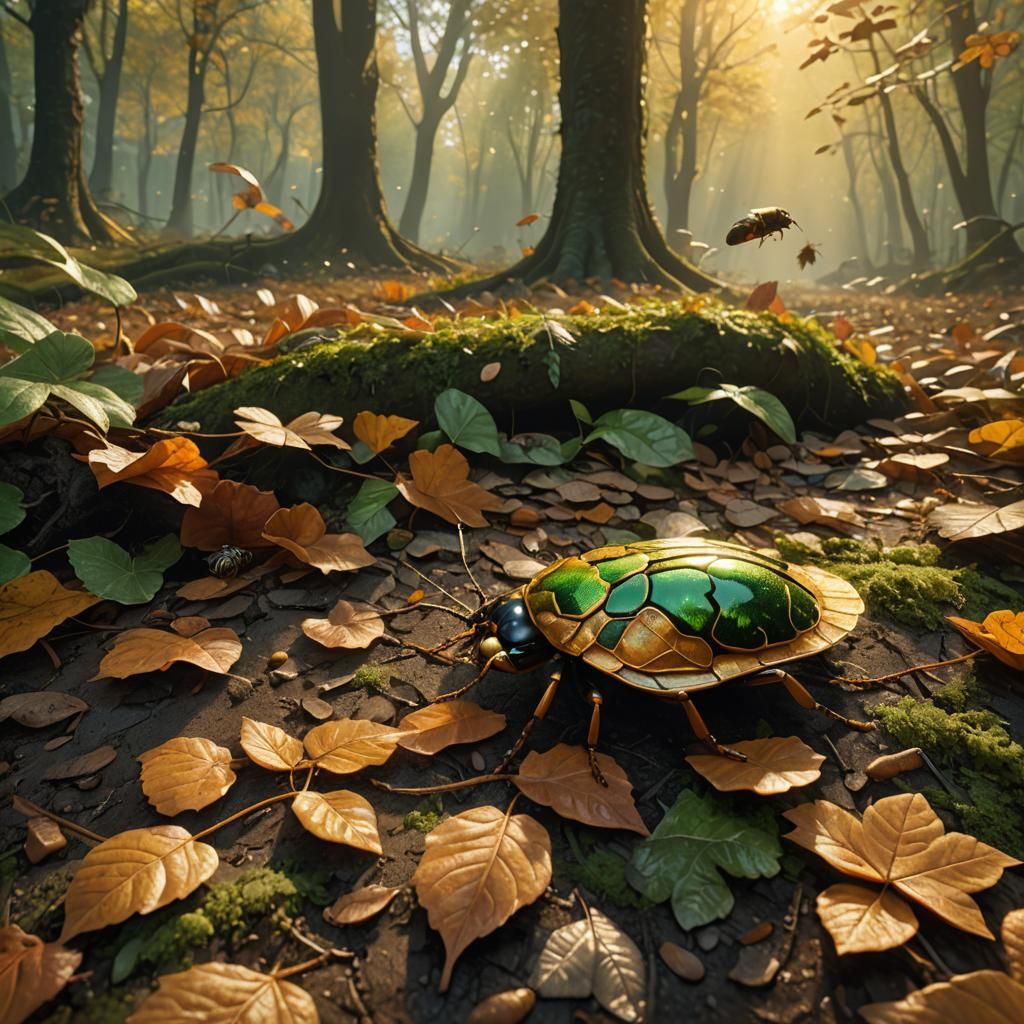 Insects on Dewy Leaves: A Matte Painting in Golden Light
