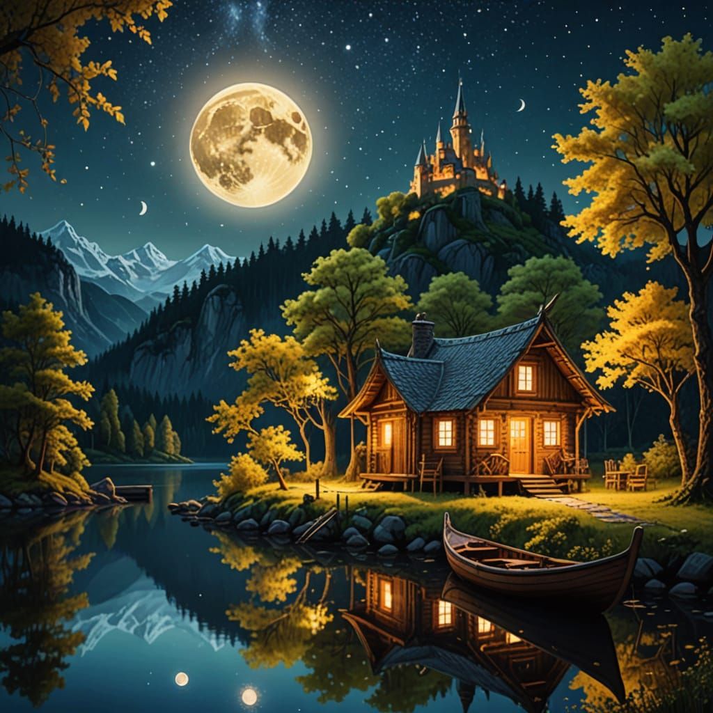 Whimsical Riverscape Under Golden Tree at Sunset