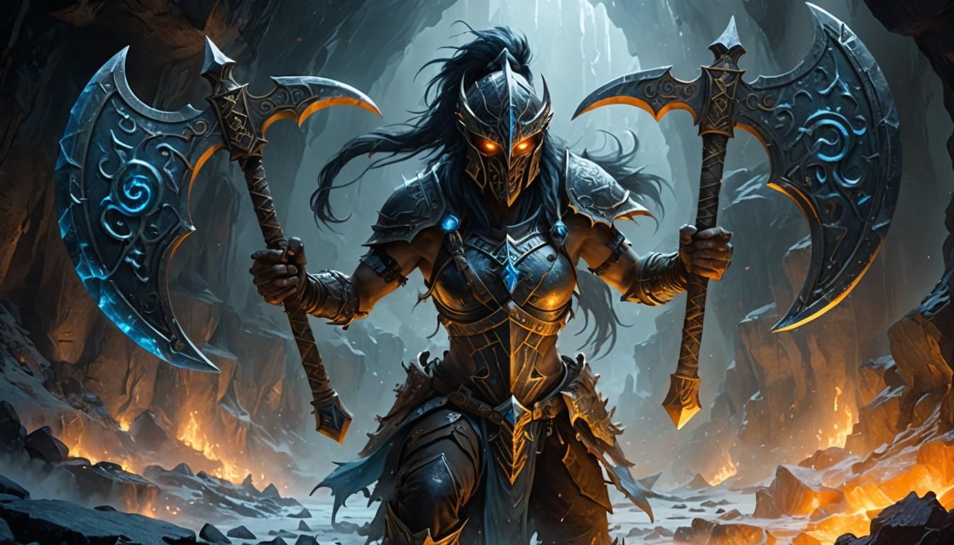 Gleaming Shadowmourne Axe in Dark Fantasy Cavern
