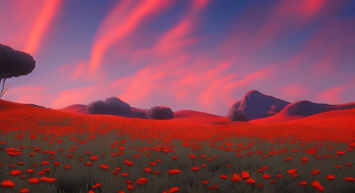 Poppy Field with Wind-blown Petals as Lino Print