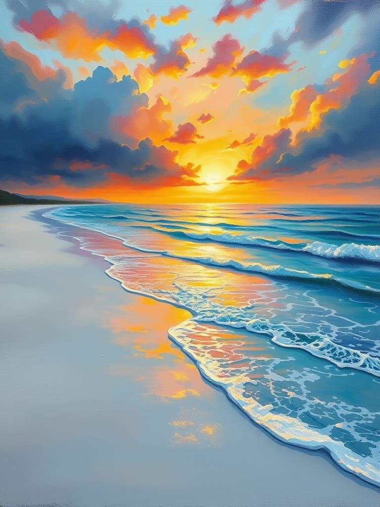Sunset Beach Painting in Mixed Media Style