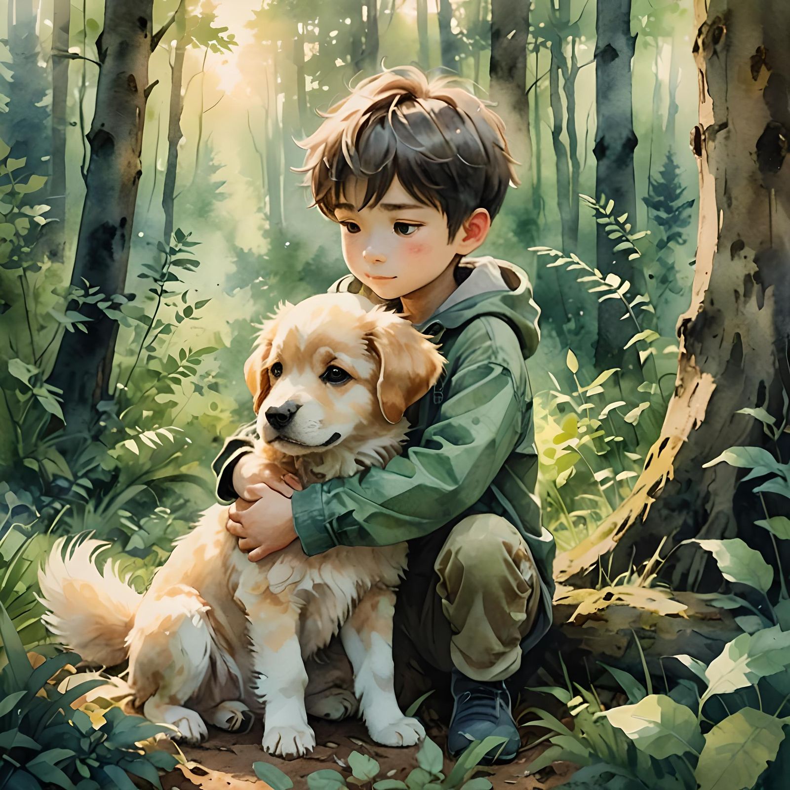 Boy Hugging Puppy in Forest, Frieren Anime Style
