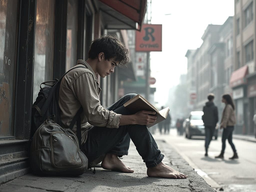 Destitute Man Longing on Main Street Rooftop