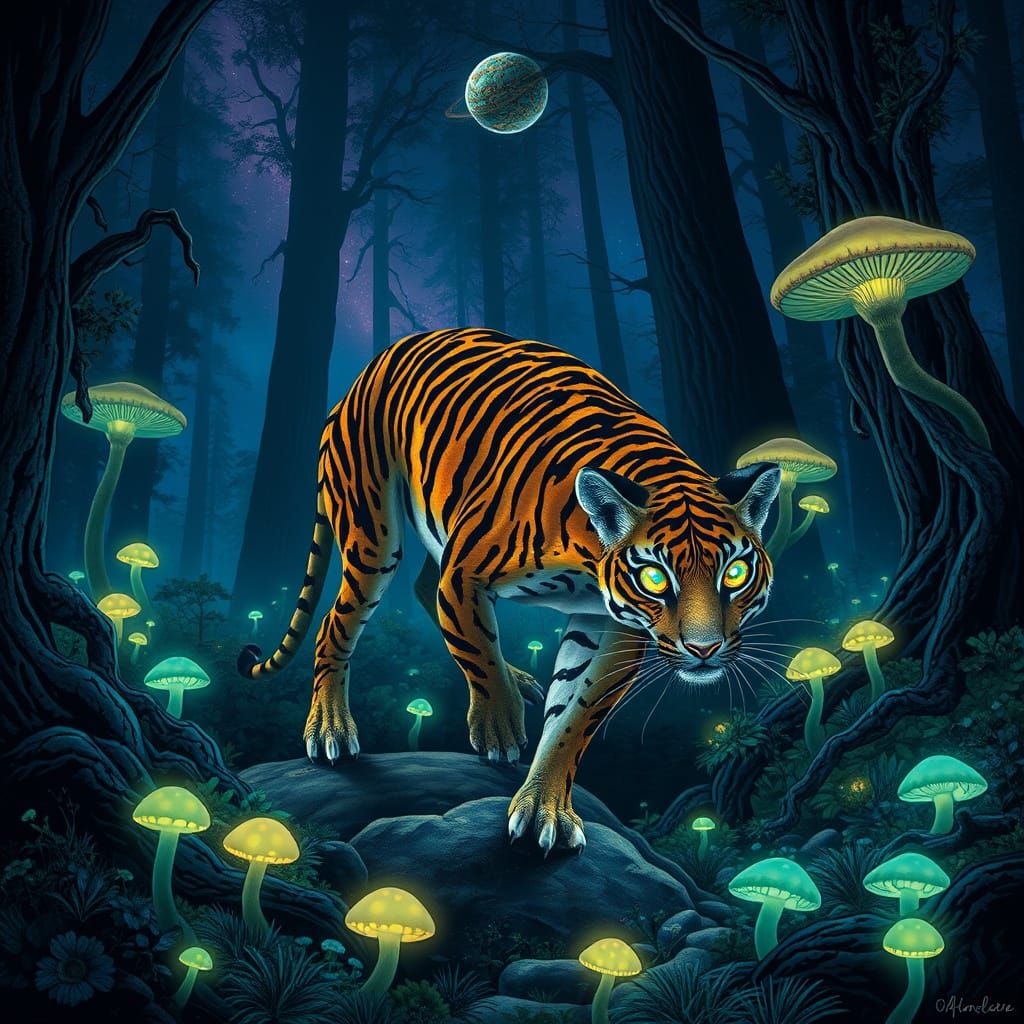 Thylacine Prowls Bioluminescent Alien Forest, Detailed Surre...