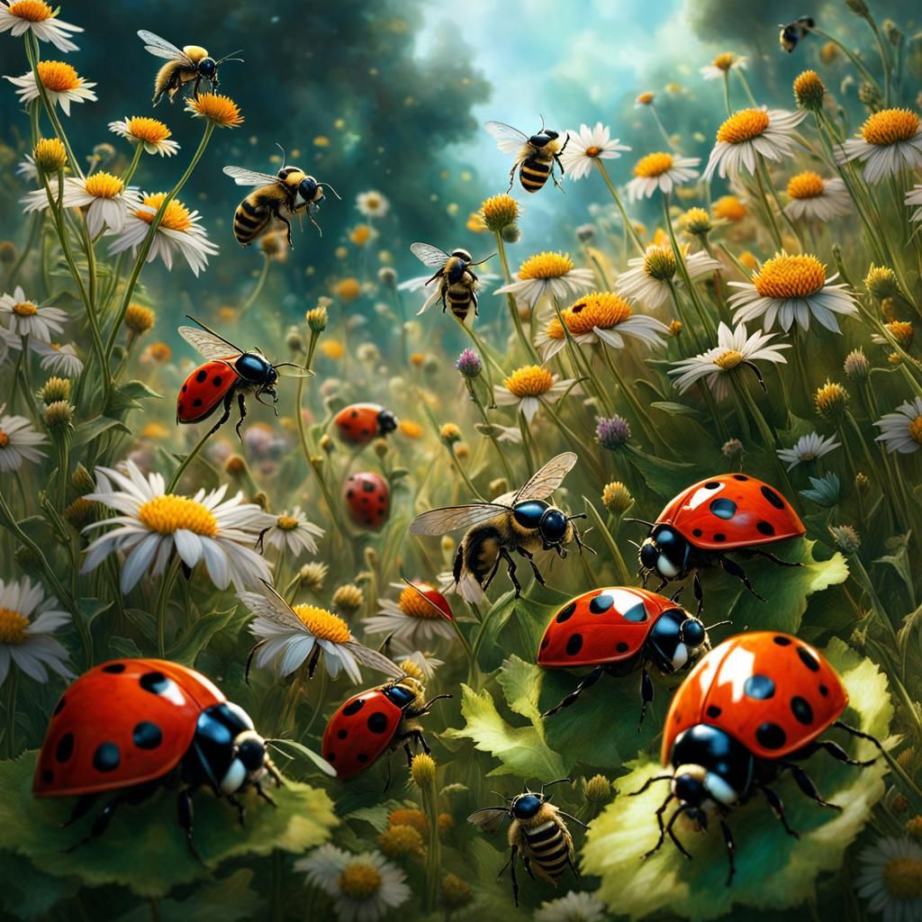 Nature Hero Pollinators: "Ladybirds and bumblebees hard at work in a flower meadow