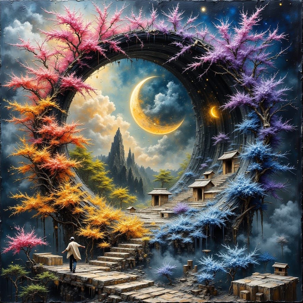 Four Seasons Spiraled World in Dark Oil Paint