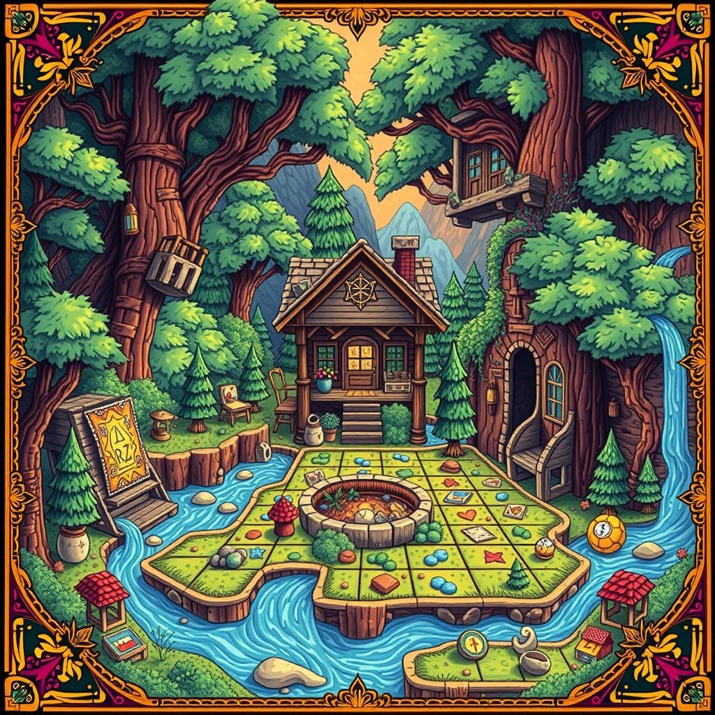 8-Bit Pixel Art Board Game with Cozy Cabin