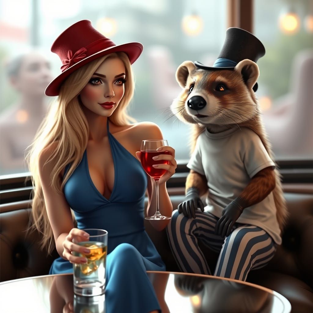 Glamorous Blonde with Stoat Companion in 3D Art