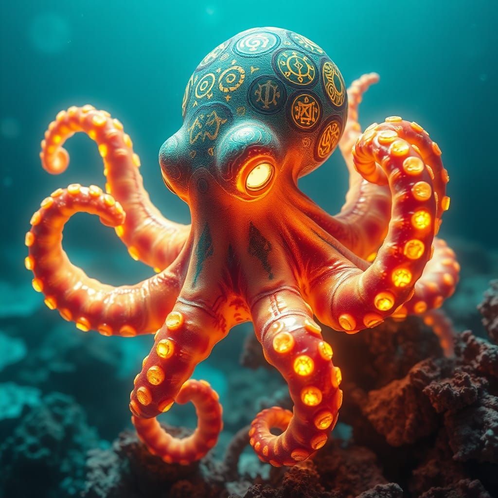 Prismatic Octopus Swimming Over Coral Reef