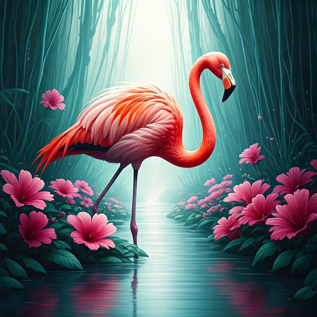 Exotic Flamingo in Vibrant Alien Garden Scene