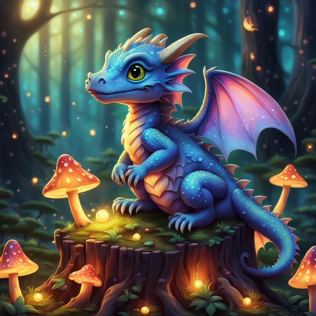 Baby Dragon in Enchanted Forest, Fantasy Art