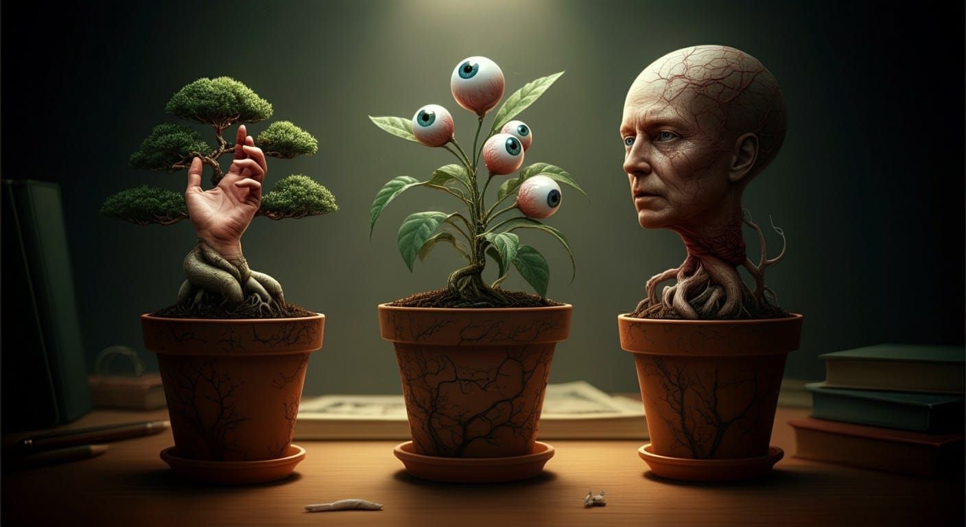 Surreal Plant Pots with Hand, Eyeball, and Head Plants