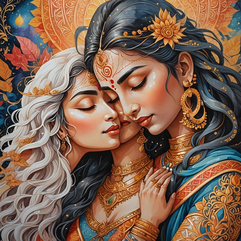 Yogini and Shiva Embrace in Gouache Painting