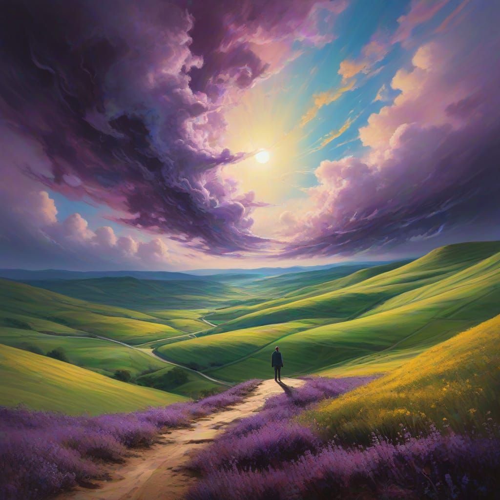 Surreal Tilted Landscape with Swirling Clouds