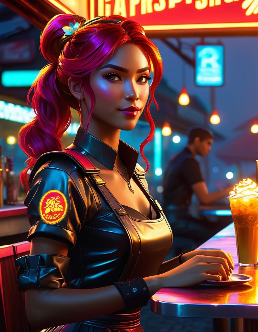 Sunset Shimmer: Cyberpunk Waitress, Hyperdetailed Concept Ar...