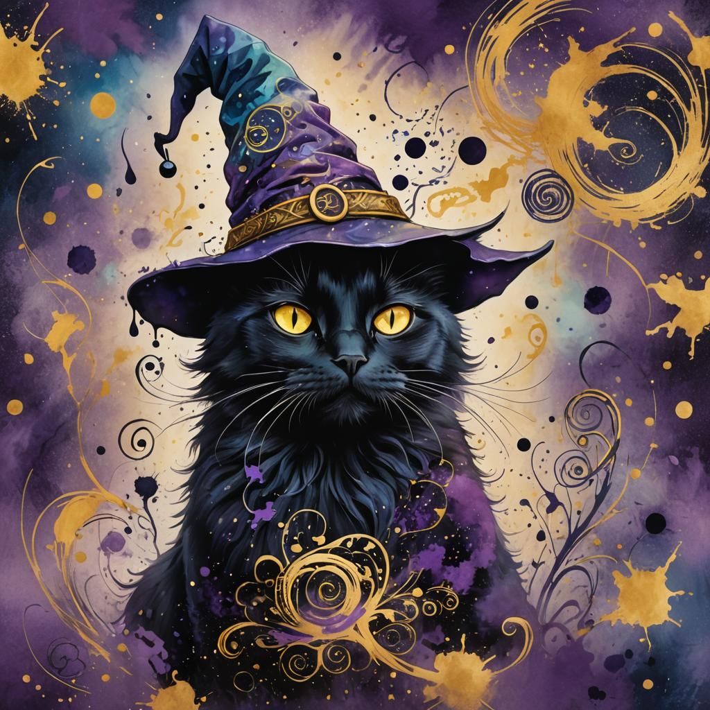 Sassy Black Cat in Witch Hat: Fantasy Illustration