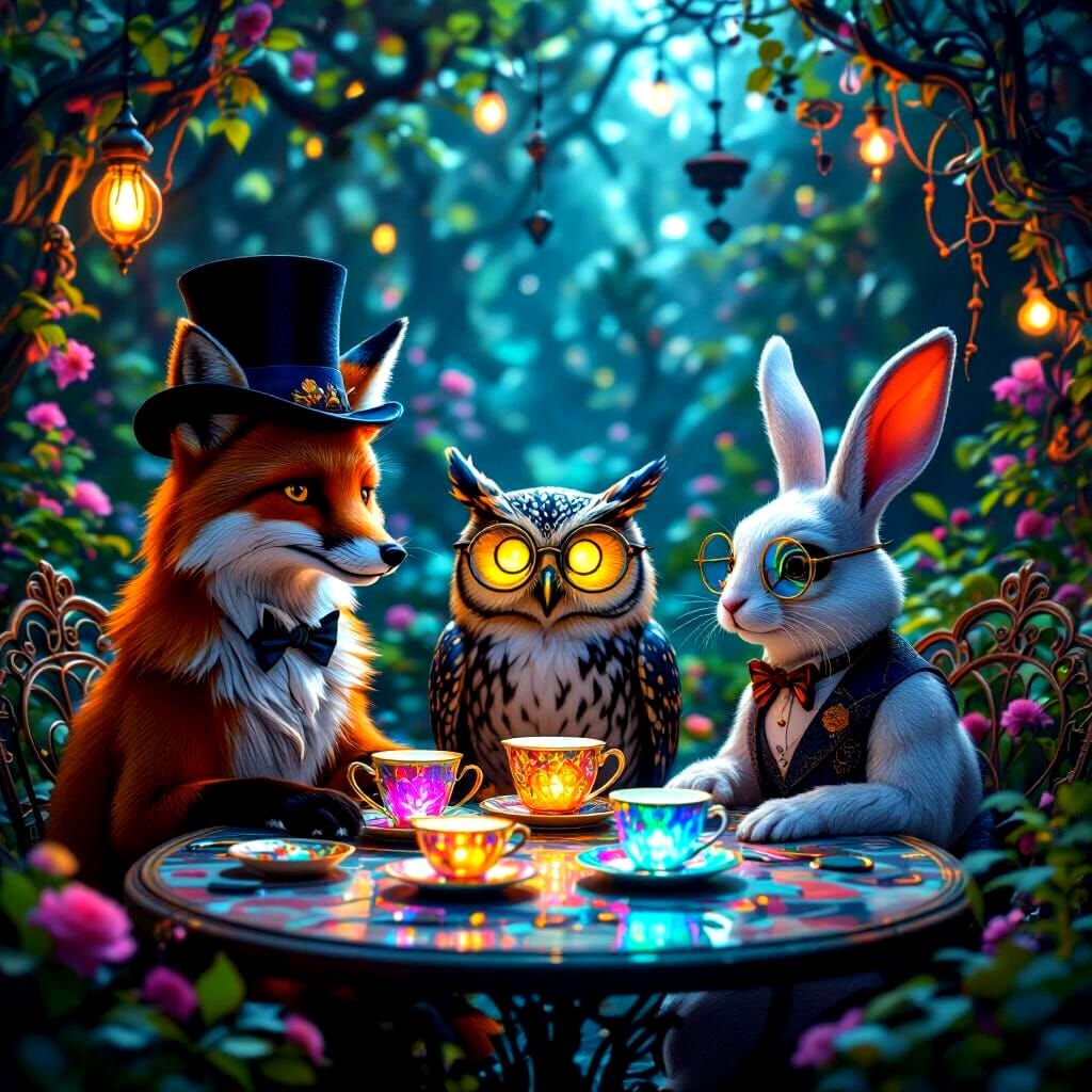 Whimsical Tea Party in a Surreal Glowing Garden