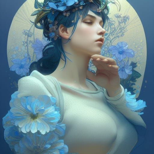 Blue Flower Waifu in Art Nouveau Style