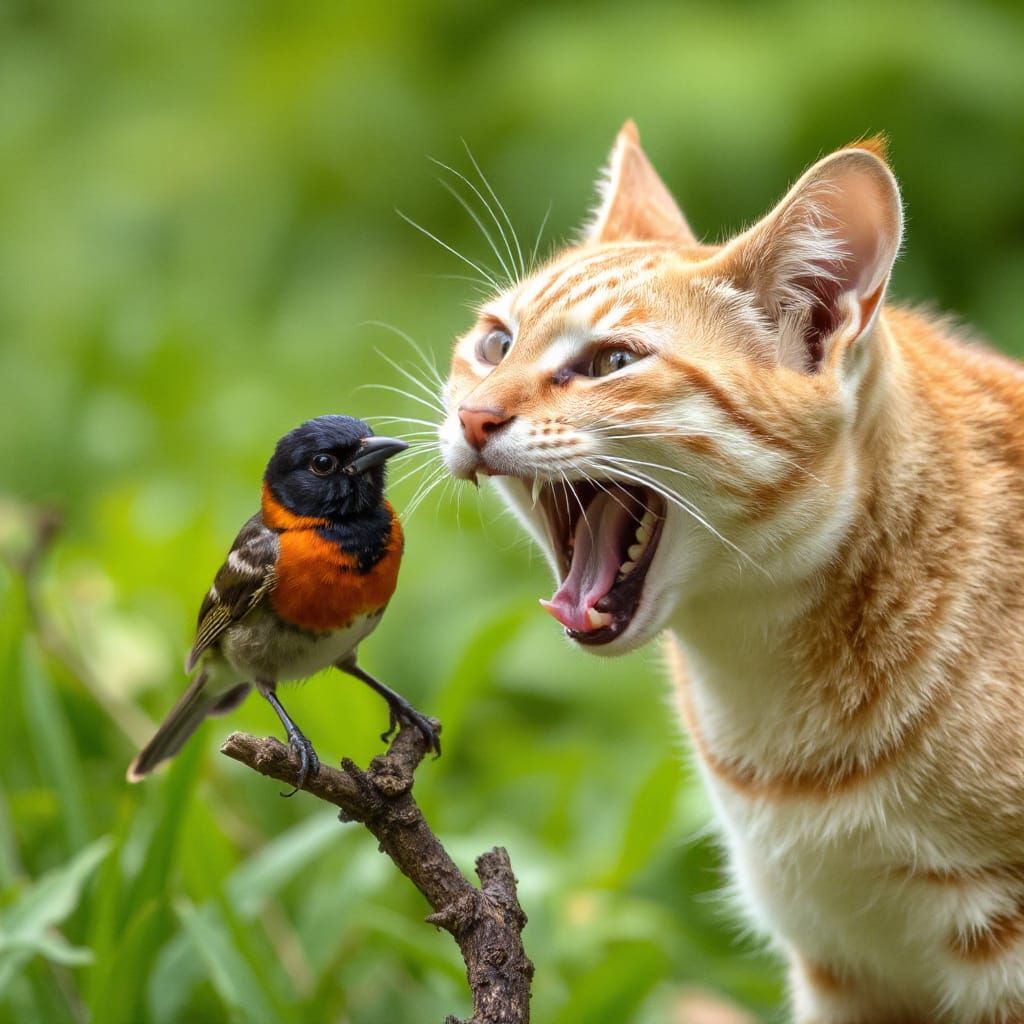 predator house cat and prey bird