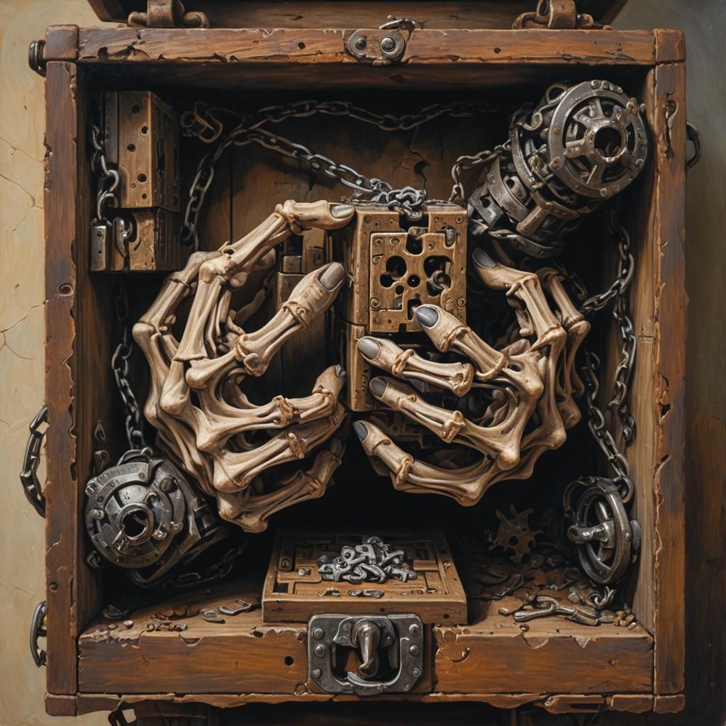 Skeletal Hands Hold Puzzle Box as Oil Painting