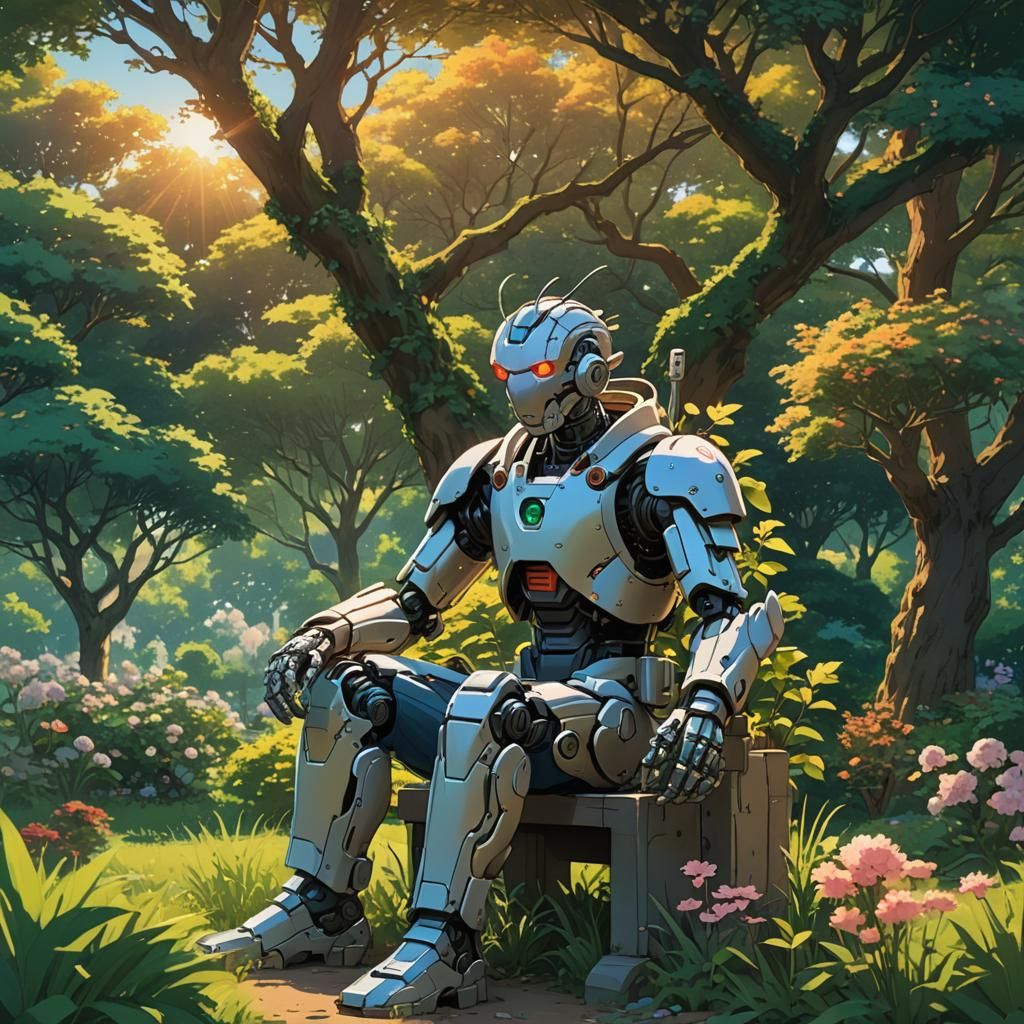Cyborg Farmer in Tranquil Anime Garden