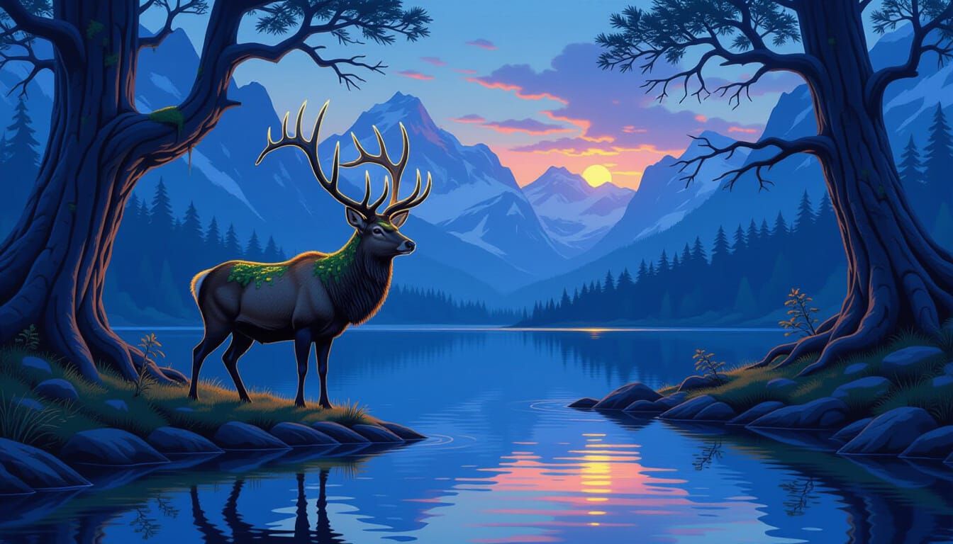 Majestic Stag by Ethereal Mountain Lake at Twilight