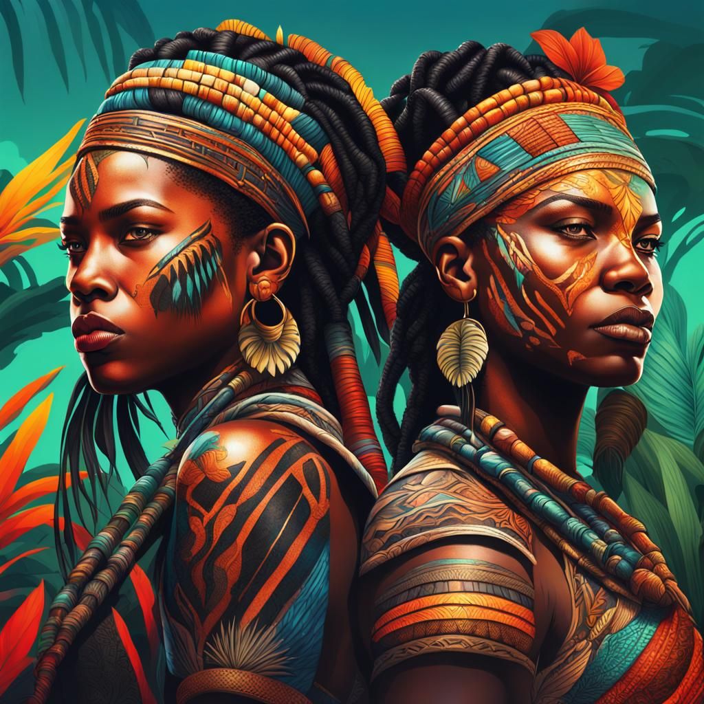 Black Tribal Women Warriors in Jungle Splash Art