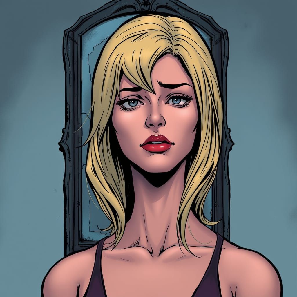 Blonde Woman in Regretful Contemplation Before a Worn Mirror