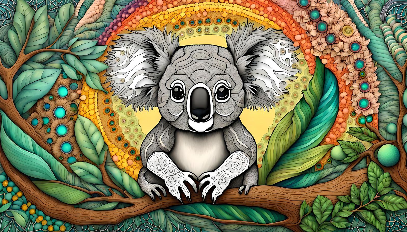 Anthropomorphic Koala in Quantum Zentangle Style