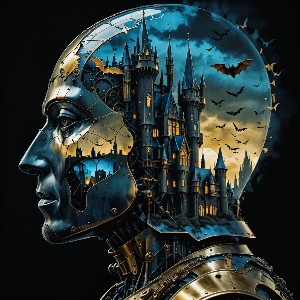 Gothic Surrealism: Brass Robot in Double Exposure Style