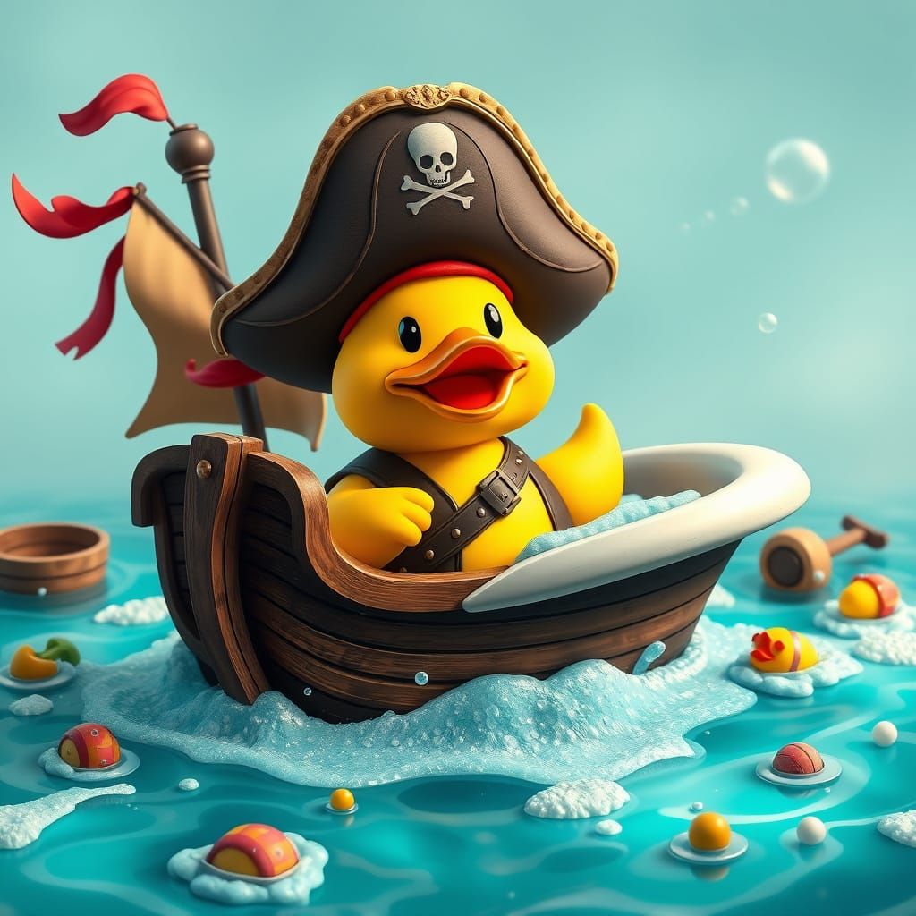 Vibrant Pirate Rubber Duck Sails in Exaggerated Cartoon Bath...
