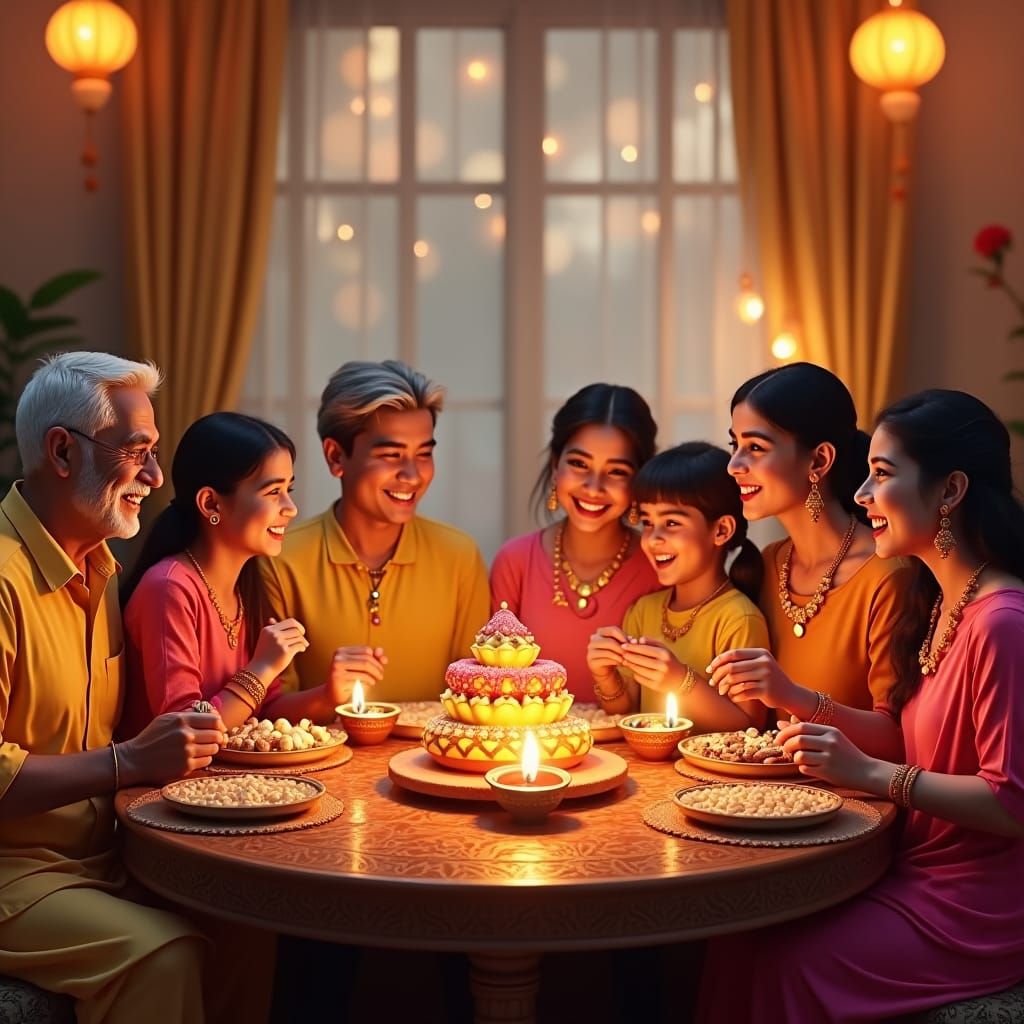 Joyous Diwali Family Celebration in Matte Painting Style