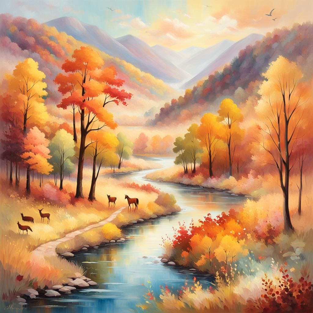 Impressionistic Autumn Valley with Wildlife