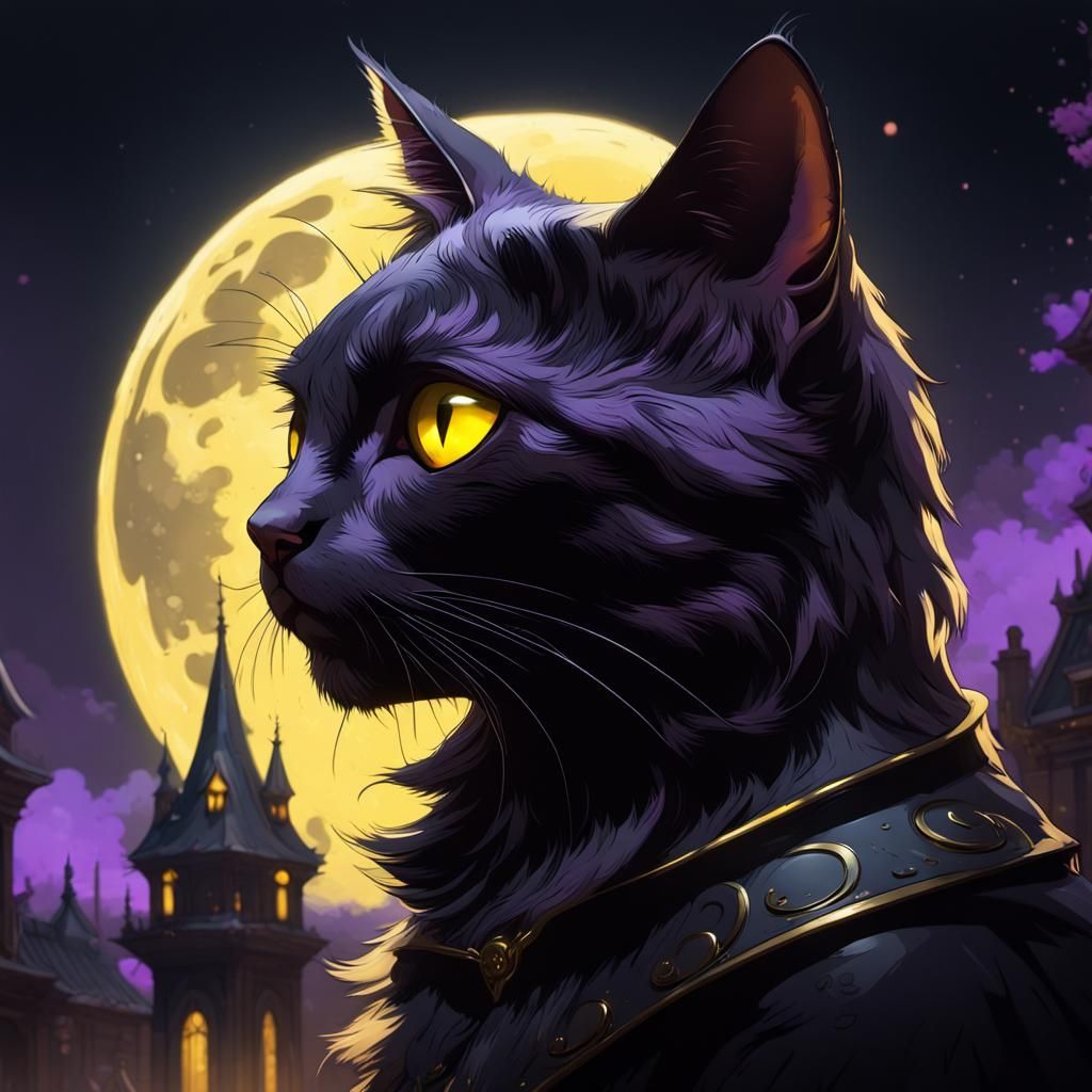 Black Cat with Yellow Eyes Under Moon